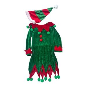 Size 3-4T 2Piece Christmas Elf Costume Top and Hat Red Green Velvet Velour NEW